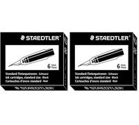 STAEDTLER Premium 480-9. Cartucho de tinta de tamaño normal. Caja con 6 cartuchos de tinta de color negro. (Paquete de 2)