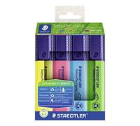 Staedtler Resaltador de textos clásico de plástico reciclado, gran memoria de tinta, punta de cuña de 1 a 5 mm, larga vida útil, 4 subrayadores en colores surtidos en estuche de cartón, 364 RC4