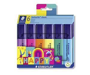 STAEDTLER Resaltador Textsurfer Classic, Happy Colours, gran almacenamiento de tinta, larga duración y vida útil, secado rápido, punta de 1-5 mm, 6 rotuladores en estuche de cartón, 364 C6 HA