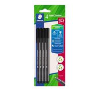 Staedtler Rotulador de punta fina triangular, color negro, de plástico reciclado, punta superfina de 0,3 mm, larga vida útil, 4 rotuladores negros en blíster, 334 R-9BK