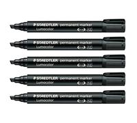 Staedtler Rotulador Permanente Lumocolor, Punta de Cuña Ancha 2-5 Mm, Resistente A Las Manchas y Al Agua, Recargable, de Secado Rápido, de Larga Duración, 5 Rotuladores Negros, 350-9X