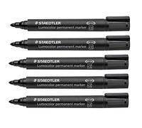 Staedtler Rotulador Permanente Lumocolor, Resistente A Las Manchas y Al Agua, Punta Redonda de 2 Mm, Recargable, de Secado Rápido, de Larga Duración, con Poco Olor, 5 Rotuladores Negros, 352-9X