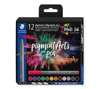 STAEDTLER Rotuladores de caligrafía Pigment, colores surtidos, punta de caligrafía de 2,00 mm, tinta pigmentada, resistente al agua, 12 rotuladores colores surtidos en estuche de cartón, 375-C12