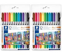 STAEDTLER Rotuladores para colorear Design Journey - Doble extremo, ancho de trazo de 0,5 a 3,0 mm, 12 colores surtidos, paquete de 24, 3200 C12