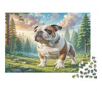 Staffordshire Bull Terrier Rompecabezas DIY de Papel Premium Bulldog en Campo de Hierba con Árboles de Pino, Alivio del Estrés Decorativo 52x38cm/1000 Piezas