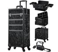 Stagiant Maletín de maquillaje con ruedas 4 en 1, carrito de cosméticos de gran capacidad, carrito de viaje con cepillo, riñonera, llaves, ruedas giratorias, peluquería, carrito de viaje, alpine black