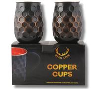 STAGLIFE Juego de 2 Vasos de Cobre Puro de 16 oz en Forma de Panal para Agua, Tazas de Mula de Moscú Sólidas, Altas, Negras, sin Asa, Vaso de Licor con Cepillo/Grande, Sin Forro