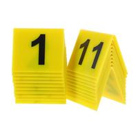 STAHAD Marcadores de Números de Mesa Acrílicos Forma V, Doble Cara, 5.5x6.3 Cm, Color Amarillo Números Negros, Set 1-20, Reutilizables para Restaurantes y Señalización en Eventos