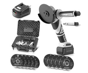 STAHLWERK Amoladora angular con batería sin escobillas, sistema de batería 20 V/4Ah, 0-7500 min-1, tamaños de disco 115 mm y 125 mm, incluye 1 baterí de 4 Ah y cargador, 7 años de garantía