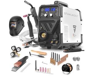 STAHLWERK Soldadora combinada 3 en 1 MTM-200 ST - Equipo completo - TIG, MIG/MAG, MMA/Electrodo hasta 200 A, hilo sinérgico, 4 rodillos, encendido HF, apto para hilo hueco, acero, chapa fina