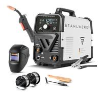 STAHLWERK Soldadora Mini FLUX 120 ST Digital con equipamiento completo de 120 A, alimentación de hilo sinérgica, función Lift-TIG y ARC/MMA para soldadura sin gas de protección con hilo tubular