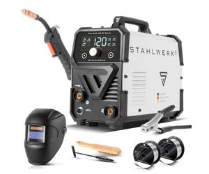 STAHLWERK Soldadora Mini FLUX 120 ST Digital con equipamiento completo de 120 A, alimentación de hilo sinérgica, función Lift-TIG y ARC/MMA para soldadura sin gas de protección con hilo tubular