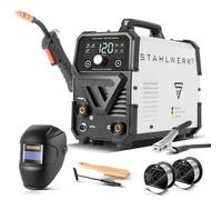 STAHLWERK Soldadora Mini FLUX 120 ST Digital - Equipo completo - Máquina de soldar con hilo hueco (FLUX) sin gas protector hasta 120 A, hilo sinérgico, luz LED, función Lift-TIG & MMA (Electrodo/ARC)