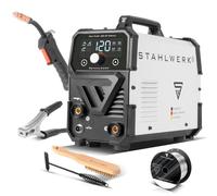 STAHLWERK Soldadora Mini FLUX 120 ST Digital - Soldadura con hilo hueco (FLUX) sin gas protector hasta 120 A, compacta con avance de hilo sinérgico y luz LED, función Lift-TIG y MMA (Electrodo/ARC)