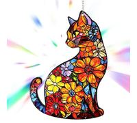 Stained Glass Cat Ornament - Sun Catcher with Flower Home Decoration 20cm