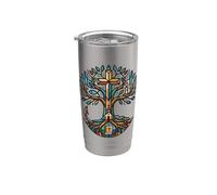 Stained Glass Christian Tree of Life Faith Cross Design Vaso térmico de acero inoxidable de doble pared