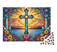 Stained Glass Cross Rompecabezas 1000 Piezas Vitrales Cruz con Flores Estéticos Y Desafiantes Decoración del Hogar Regalo para Familiares/Parejas Entretenimiento Creativo para Adultos Y Niños