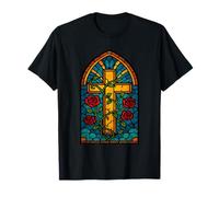 Stained Glass Cross with Red Roses Camiseta