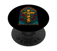 Stained Glass Cross with Red Roses PopSockets PopGrip Adhesivo
