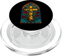 Stained Glass Cross with Red Roses PopSockets PopGrip para MagSafe