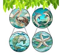 Stained Glass Decor - 4-Piece Acrylic Animal Ornament, 6.3in Window Suncatcher with Colorful Design, Door & Garden Hanging Decoration, Tree Car Balcony Accent, Presentation for Mom Grandma Birthday