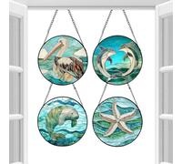 Stained Glass Decor | 4 Pieces Acrylic Animal Ornament | 6.3in Window Suncatcher | For Mom Lady Grandma Man Birthday Door Garden Tree Car Balcony