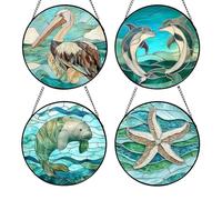 Stained Glass Decor 4PCS, Acrylic Animal Window Sun Ornaments 6.3in Hanging Ornaments for Door, Garden, Tree, Car, Balcony, for Mom, Man