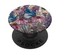 Stained Glass Inspired Butterflies Purple and Blue Floral Ar PopSockets PopGrip Adhesivo