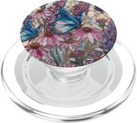 Stained Glass Inspired Butterflies Purple and Blue Floral Ar PopSockets PopGrip para MagSafe