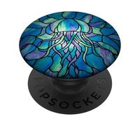 Stained Glass Jellyfish Blue Purple Mosaic Ocean Art PopSockets PopGrip Adhesivo