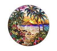 Stained Glass Style Round Sign Tropical Beach Palm Sunset Placa De Aluminio Retro, Decoración De Pared Vintage Para Hogar, Bar, Garaje Y Granja 20x20cm