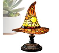 Stained Glass Witch Hat Lamp - USB Powered Gothic Table Light, Resin Halloween Night Lamp With Sun & Star Pattern | Decorative Spooky Accent For Bedroom, Living Room, Office, Desk, Bookshelf, Holiday