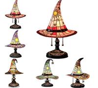 Stained Glass Witch Hat Lamp,Witches Hat Lamp,Usb Powered Gothic Wizard Hats Night Light,Handcrafted Retro Resin Witch Lamps,Indoor For Bedroom, Bookshelf & Living Room Decor，Red：L