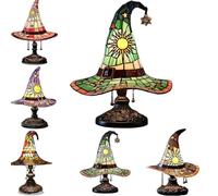 Stained Glass Witch Hat Lamp,Witches Hat Lamp,Usb Powered Gothic Wizard Hats Night Light,Handcrafted Retro Resin Witch Lamps,Indoor For Bedroom, Bookshelf & Living Room Decor，Green：L
