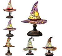 Stained Glass Witch Hat Lamp,Witches Hat Lamp,Usb Powered Gothic Wizard Hats Night Light,Handcrafted Retro Resin Witch Lamps,Indoor For Bedroom, Bookshelf & Living Room Decor，Purple：S