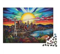 StainedGlassSeattleView Vista Colorida del Horizonte de Seattle al Amanecer Rompecabezas de 1000 Piezas para Adultos y niños Un desafío para la Mente 38x26cm/1000 Piezas