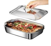 Stainless Steel Baking Pan - Rectangle Tray Dish with Lid, 14 Inch Bakeware with Handle, Oven-Safe Container with Grip, Kitchen Tool Functional Style, Pan for Cake, Bread, Lasagna, Gratin, Pizza