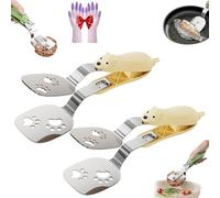 Stainless Steel Bear Pancake Griddle Clip, 2-in-1 Cute Bear Spatula Tongs with Locking Clip, Anti-Scald and Heat-Insulating Food Turner & Clamp for Steak, Eggs, Pancake (Yellow*2)