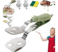 Stainless Steel Bear Pancake Griddle Clip, 2-in-1 Non-slip Spatula Tongs with Locking Clip, Stainless Steel Kitchen Tongs, Multifunctional Kitchen Tool for Frying Eggs, Fish &Steaks (Green)
