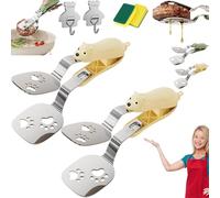 Stainless Steel Bear Pancake Griddle Clip, 2-in-1 Non-slip Spatula Tongs with Locking Clip, Stainless Steel Kitchen Tongs, Multifunctional Kitchen Tool for Frying Eggs, Fish &Steaks (2* Yellow)
