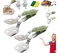 Stainless Steel Bear Pancake Griddle Clip, 2-in-1 Non-slip Spatula Tongs with Locking Clip, Stainless Steel Kitchen Tongs, Multifunctional Kitchen Tool for Frying Eggs, Fish &Steaks (2* Green)