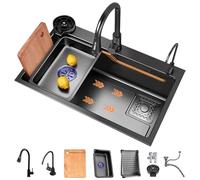 Stainless Steel Black Kitchen Sink - 68x45x22CM Single Bowl Workstation Farmhouse Sink with Sliding Steps & Accessories Topmount/Drop-in Design for Efficient Cooking & Cleanup