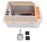 Stainless Steel Cat Litter Box | Large Splash - Proof Design with Pedal Screen | High - Sided Litter Tray for Indoor Cats/Multi - Cat Homes | 50x35x20cm Sturdy Metal Litter Pan (Khaki)