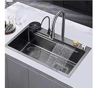 Stainless Steel Commercial Kitchen Sink with Waterfall Faucet - Multifunctional Vegetable Basin for Home Restaurant School - Large Size 68x45x22cm Grey Finish