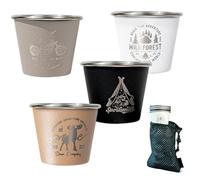 Stainless Steel Cups (4 Pack) - Portable Mini Water Bottle Cups | 50ml Each, Metal Construction | Includes Mesh Storage Bag - Perfect For Camping Hiking Outdoor Travel, Tea Coffee Wine Beer, O