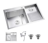 Stainless Steel Double Bowl Kitchen Sink with Washboard - Easy Clean Laundry Sink for Bathroom & Balcony No Faucet Included (Right 80x48x22cm)