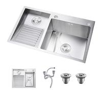 Stainless Steel Double Bowl Kitchen Sink with Washboard - Easy to Clean Laundry Sink for Bathroom & Balcony No Faucet Left Side (80x48x22cm)