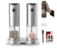 Stainless Steel Electric Salt & Pepper Grinder Set, with Five Adjustable Coarseness & LED Light, one-Touch Operation, for Kitchen (Silver)