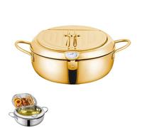Stainless Steel Frying Pot with Thermometer and Oil Drip Drainer Rack, 304 Stainless Steel Deep Frying Pan with Lid, for French Fries, Chicken Etc (Gold,28cm)