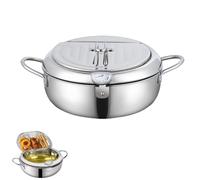 Stainless Steel Frying Pot with Thermometer and Oil Drip Drainer Rack, 304 Stainless Steel Deep Frying Pan with Lid, for French Fries, Chicken Etc (Silver,28cm)